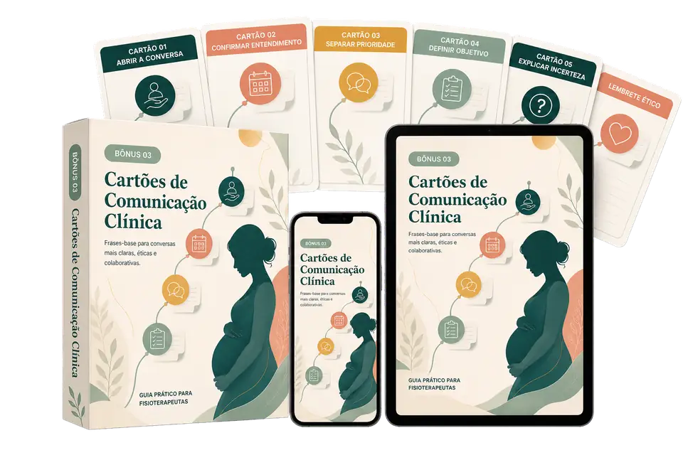 Mockup do bônus Cartões de Comunicação Clínica